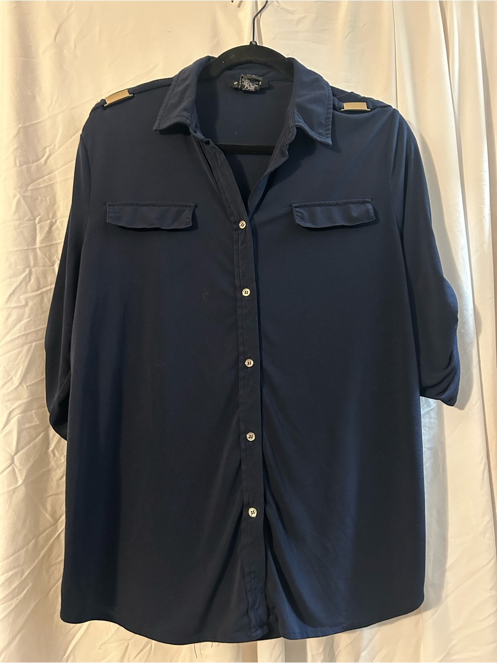 Grace Navy Button-Front Blouse with Epaulets